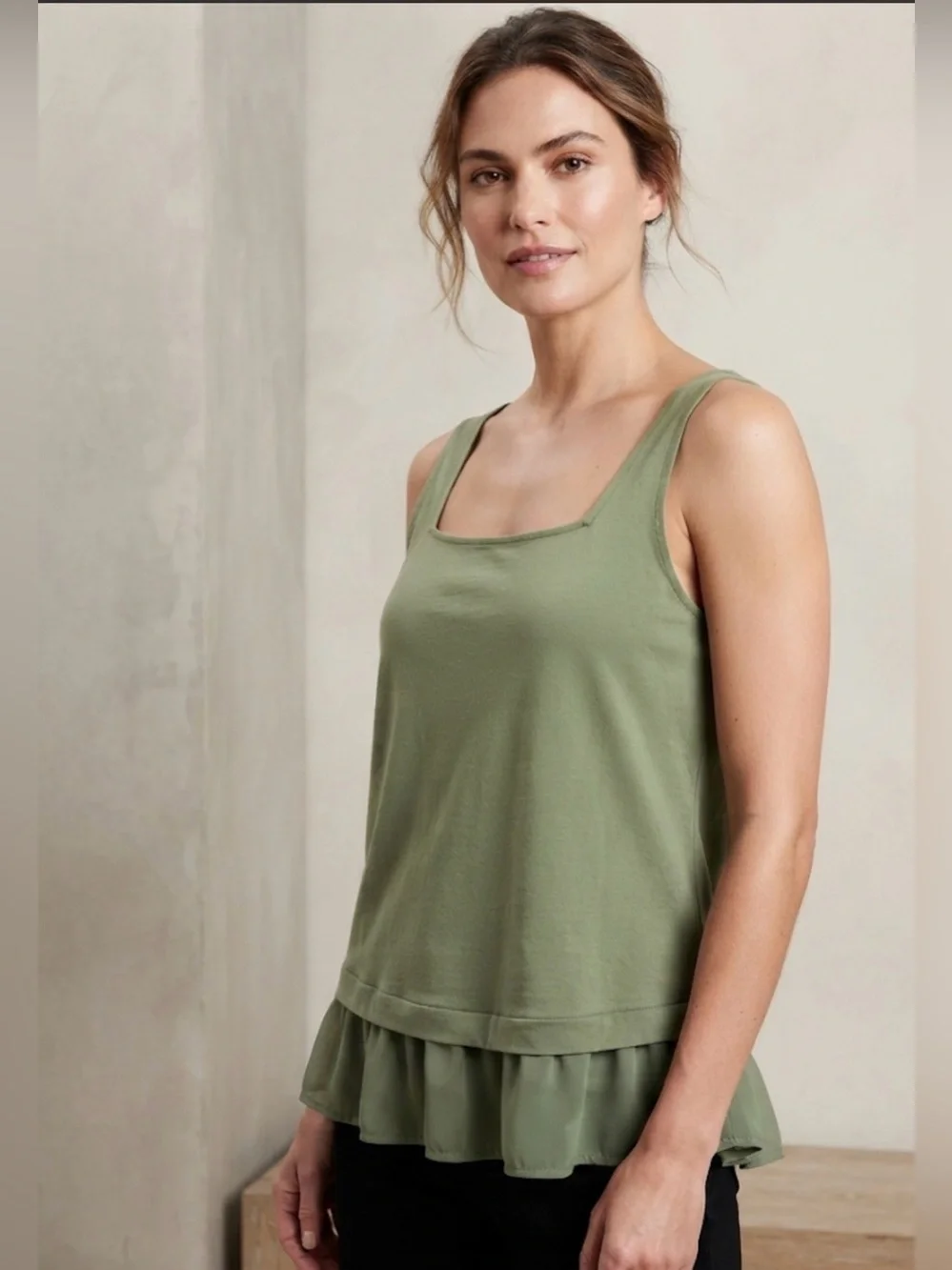 NWT! J. CREW Olive Green Ruffle Hem Tank Top